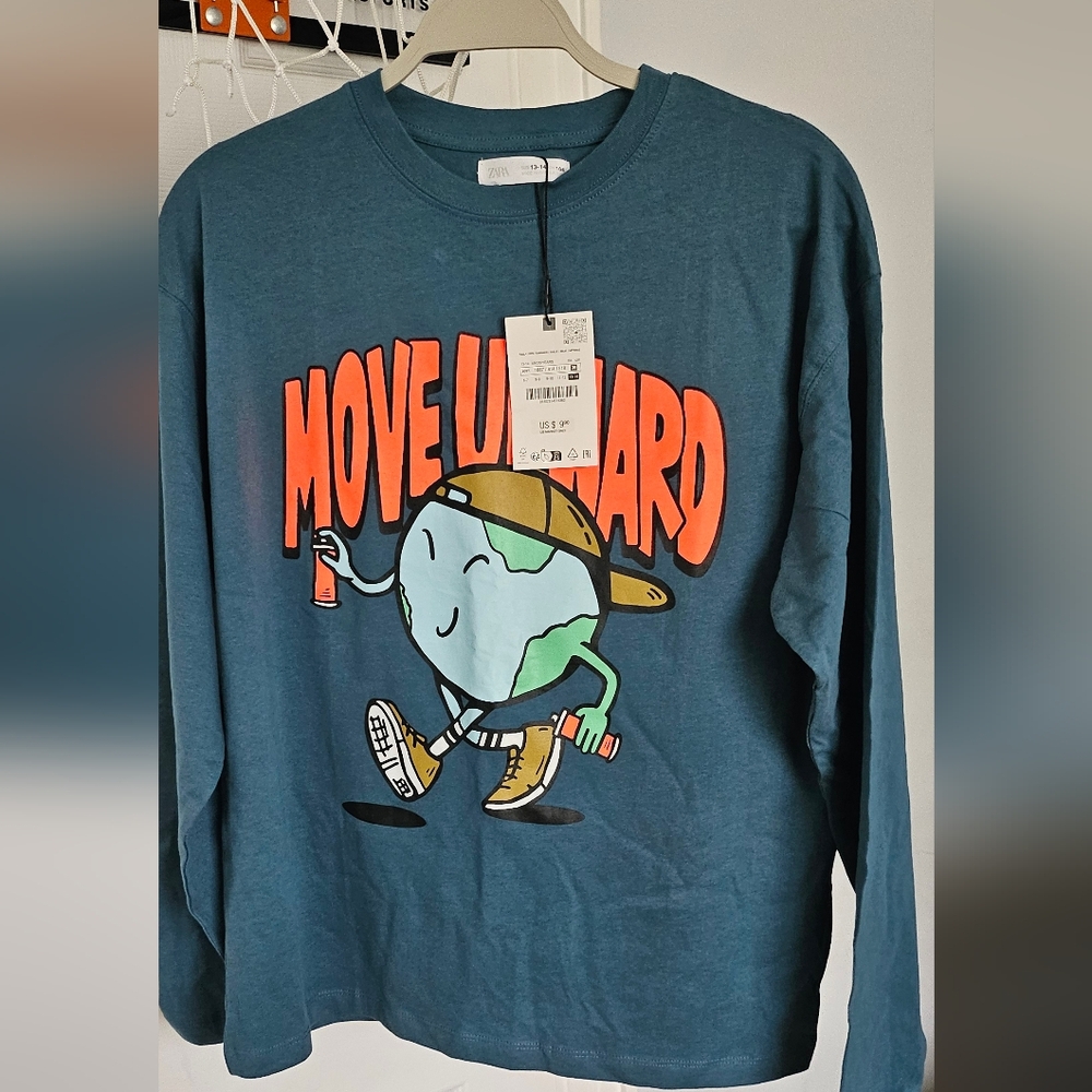 Zara Teal Long Sleeve Shirt with Graphic Design